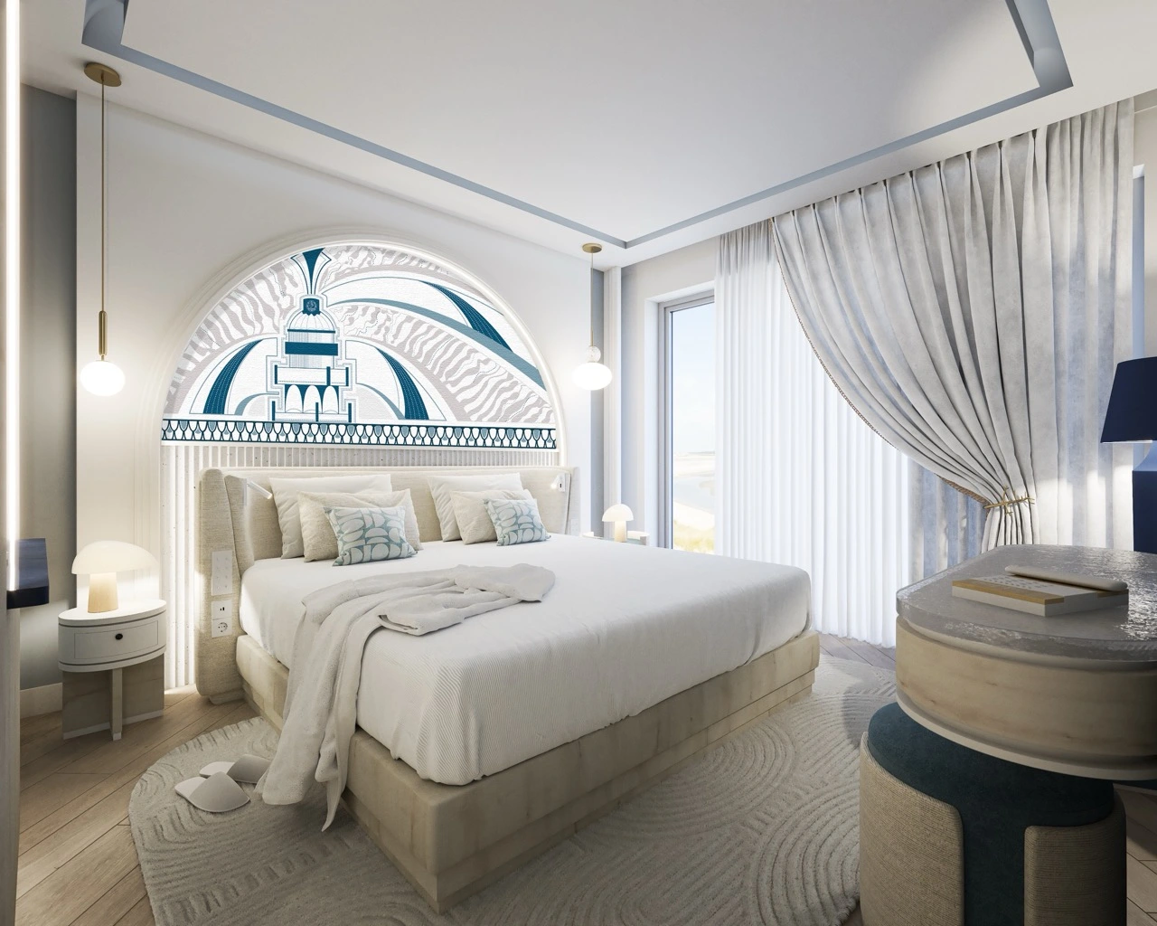 Dans les chambres, les têtes de lit sur mesure réinterprètent le phare de la ville dans un graphisme inspiré de l’Art déco, créant un lien fort avec le territoire.